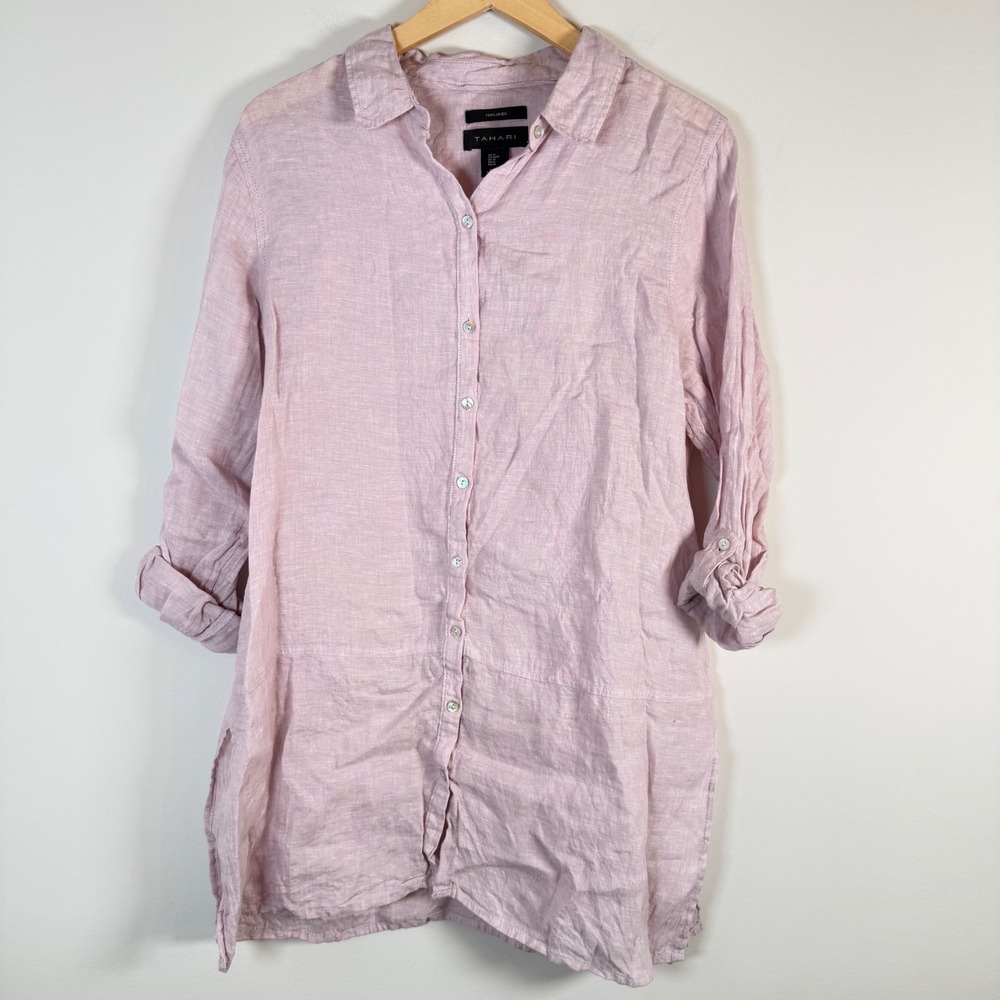 Tahari 100% Linen Button Up Tunic Top Shirt Medium Pink Long Sleeve Roll Tab